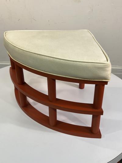 MID CENTURY ORANGE RATTAN STOOLS AND LAMINATE COFFEE TABLE