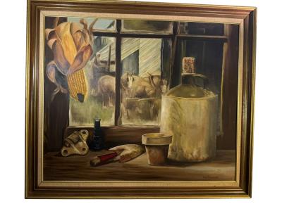 MID CENTURY PAINTING OF HORSES WINDOW MOONSHINE JUG WITH EAR OF CORN