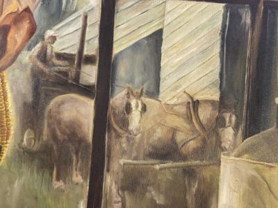 MID CENTURY PAINTING OF HORSES WINDOW MOONSHINE JUG WITH EAR OF CORN