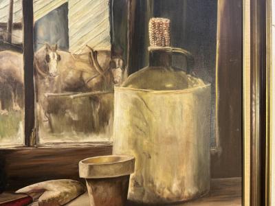 MID CENTURY PAINTING OF HORSES WINDOW MOONSHINE JUG WITH EAR OF CORN