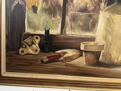 MID CENTURY PAINTING OF HORSES WINDOW MOONSHINE JUG WITH EAR OF CORN