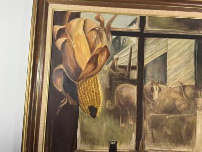 MID CENTURY PAINTING OF HORSES WINDOW MOONSHINE JUG WITH EAR OF CORN