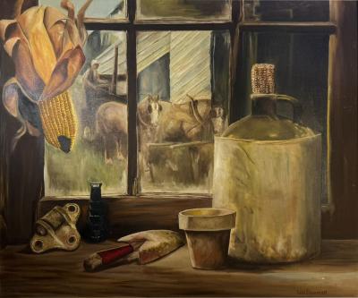 MID CENTURY PAINTING OF HORSES WINDOW MOONSHINE JUG WITH EAR OF CORN