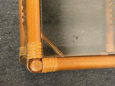 MID CENTURY PAIR OF BAMBOO RATTAN AND GLASS END TABLES