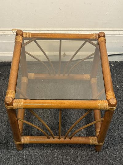MID CENTURY PAIR OF BAMBOO RATTAN AND GLASS END TABLES