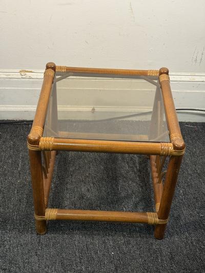 MID CENTURY PAIR OF BAMBOO RATTAN AND GLASS END TABLES