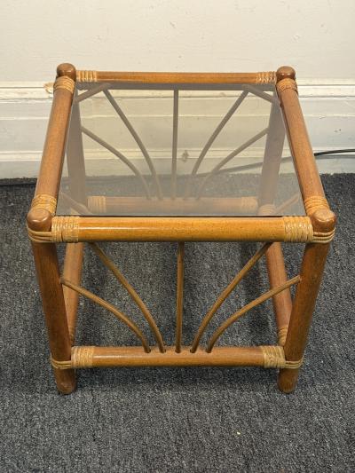 MID CENTURY PAIR OF BAMBOO RATTAN AND GLASS END TABLES