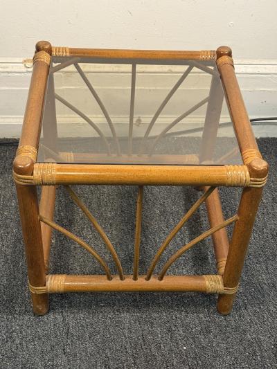 MID CENTURY PAIR OF BAMBOO RATTAN AND GLASS END TABLES