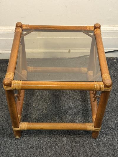 MID CENTURY PAIR OF BAMBOO RATTAN AND GLASS END TABLES
