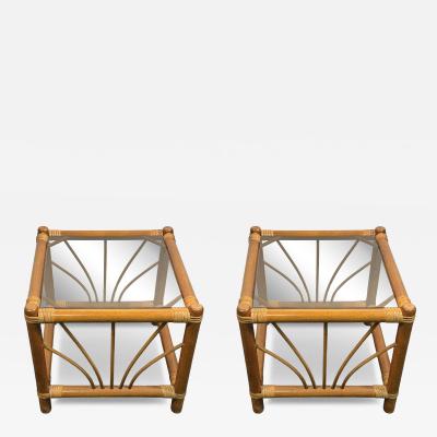 MID CENTURY PAIR OF BAMBOO RATTAN AND GLASS END TABLES