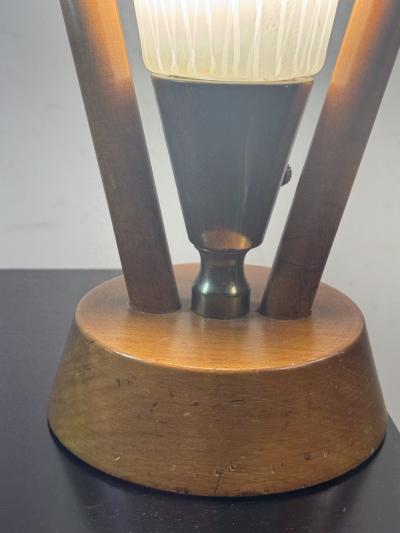 MID CENTURY PAIR OF WOOD LINE DESIGN WHITE GLASS SHADE LAMPS