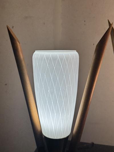 MID CENTURY PAIR OF WOOD LINE DESIGN WHITE GLASS SHADE LAMPS