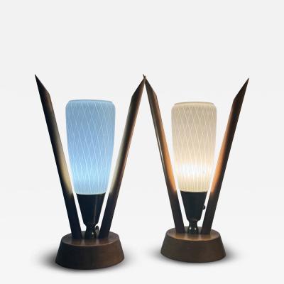 MID CENTURY PAIR OF WOOD LINE DESIGN WHITE GLASS SHADE LAMPS