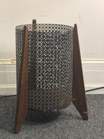 MID CENTURY PERFORATED METAL AND WOOD THREE LEGGED TRASH CANNISTER