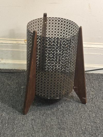 MID CENTURY PERFORATED METAL AND WOOD THREE LEGGED TRASH CANNISTER