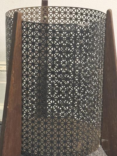 MID CENTURY PERFORATED METAL AND WOOD THREE LEGGED TRASH CANNISTER