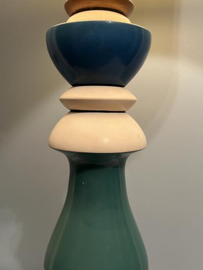MID CENTURY PLASTER AND WOOD COLUMN DESIGN PAINTED LAMPS WITH ORIGINAL SHADES
