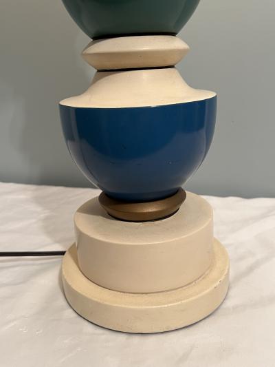 MID CENTURY PLASTER AND WOOD COLUMN DESIGN PAINTED LAMPS WITH ORIGINAL SHADES