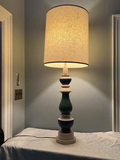 MID CENTURY PLASTER AND WOOD COLUMN DESIGN PAINTED LAMPS WITH ORIGINAL SHADES