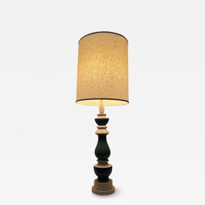 MID CENTURY PLASTER AND WOOD COLUMN DESIGN PAINTED LAMPS WITH ORIGINAL SHADES