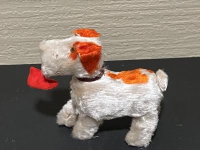 MID CENTURY PLAYFUL PUPPY KEY WIND DOG WITH SHOE TOY