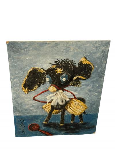 MID CENTURY RAFFIA DONKEY FIGURE PAINTING SIGNED M SMITH