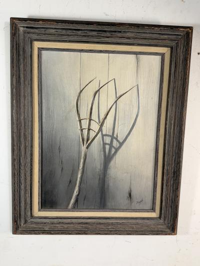 MID CENTURY RAKE CARVED FROM TREE WITH SHADOW PAINTING SIGNED ZOPH