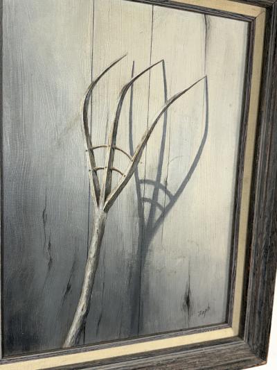 MID CENTURY RAKE CARVED FROM TREE WITH SHADOW PAINTING SIGNED ZOPH