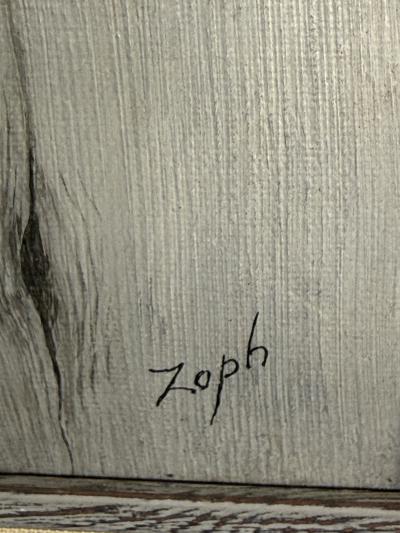 MID CENTURY RAKE CARVED FROM TREE WITH SHADOW PAINTING SIGNED ZOPH