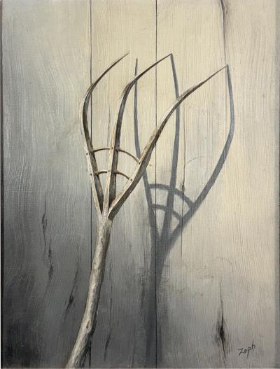 MID CENTURY RAKE CARVED FROM TREE WITH SHADOW PAINTING SIGNED ZOPH