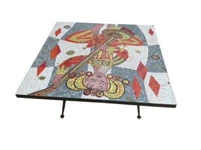 MID CENTURY RICHLY COLORED GLASS MOSAIC WOMAN PLAYING GUITAR COFFEE TABLE
