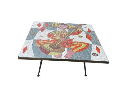 MID CENTURY RICHLY COLORED GLASS MOSAIC WOMAN PLAYING GUITAR COFFEE TABLE