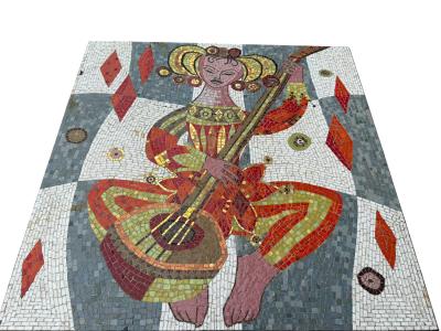 MID CENTURY RICHLY COLORED GLASS MOSAIC WOMAN PLAYING GUITAR COFFEE TABLE