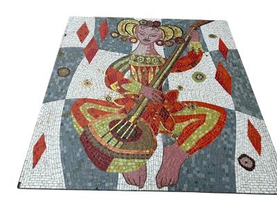 MID CENTURY RICHLY COLORED GLASS MOSAIC WOMAN PLAYING GUITAR COFFEE TABLE