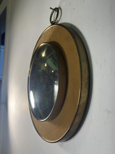 MID CENTURY ROUND VELVET AND BRASS CONVEX MIRROR WITH BRASS RING