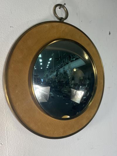 MID CENTURY ROUND VELVET AND BRASS CONVEX MIRROR WITH BRASS RING
