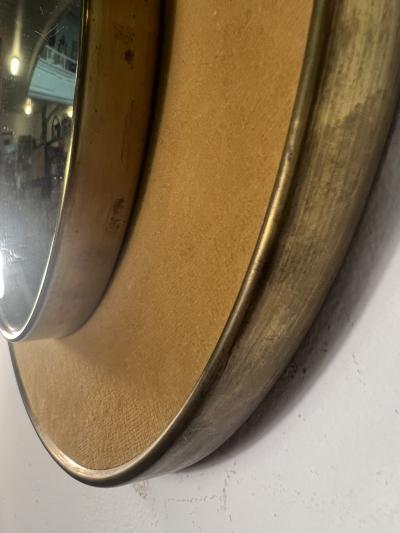 MID CENTURY ROUND VELVET AND BRASS CONVEX MIRROR WITH BRASS RING