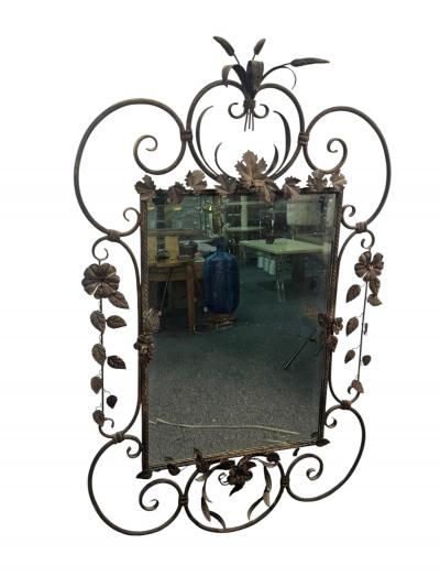 MID CENTURY SCROLLED FLOWER LEAVES METAL DECORATED FRAMED MIRROR