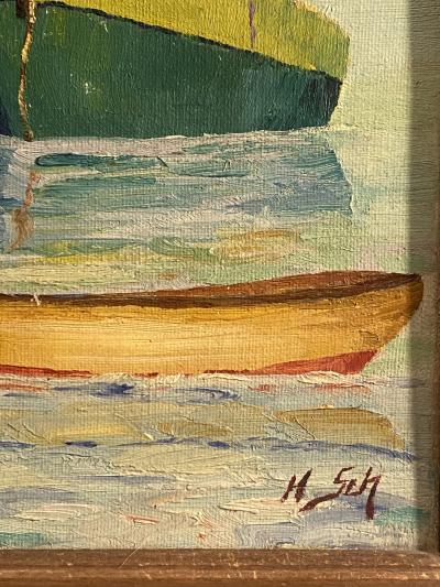 MID CENTURY SERENE SAILBOATS WITH VIOLET HUED HORIZON PAINTING SIGNED
