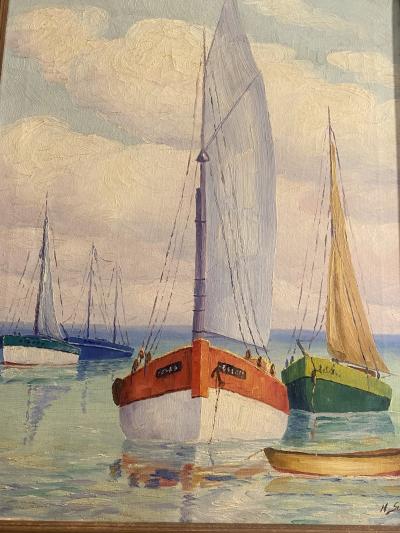 MID CENTURY SERENE SAILBOATS WITH VIOLET HUED HORIZON PAINTING SIGNED