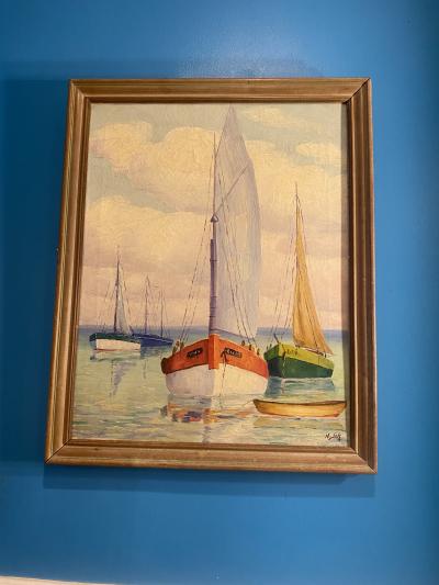 MID CENTURY SERENE SAILBOATS WITH VIOLET HUED HORIZON PAINTING SIGNED