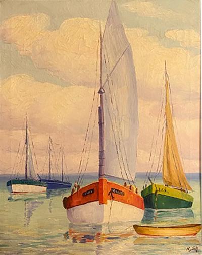 MID CENTURY SERENE SAILBOATS WITH VIOLET HUED HORIZON PAINTING SIGNED