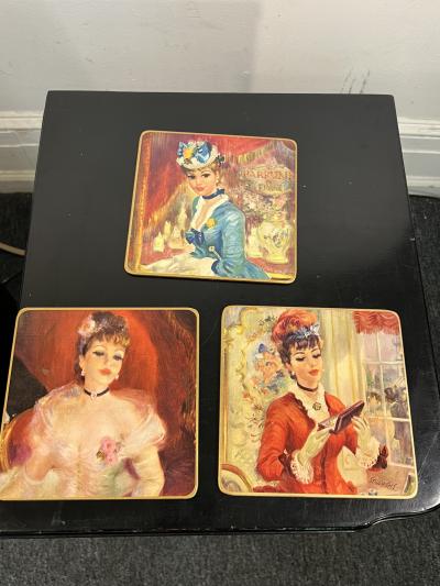 MID CENTURY SIX BRITISH LITHOGRAPHED COASTERS OF IMPRESSIONIST FRENCH WOMEN