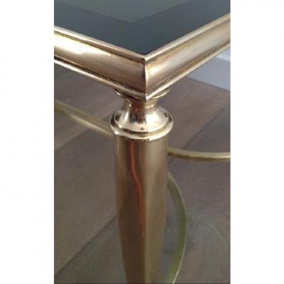 MID CENTURY SOLID BRASS COFFEE TABLE WITH SMOKE GLASS CURVED STRETCHER