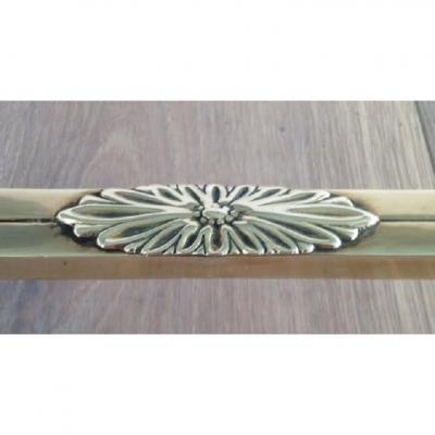 MID CENTURY SOLID BRASS COFFEE TABLE WITH SMOKE GLASS CURVED STRETCHER