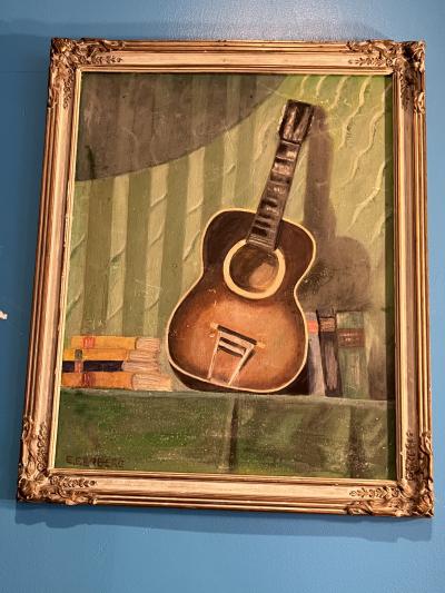 MID CENTURY STILL LIFE WITH GUITAR PAINTING SIGNED E GERBERG