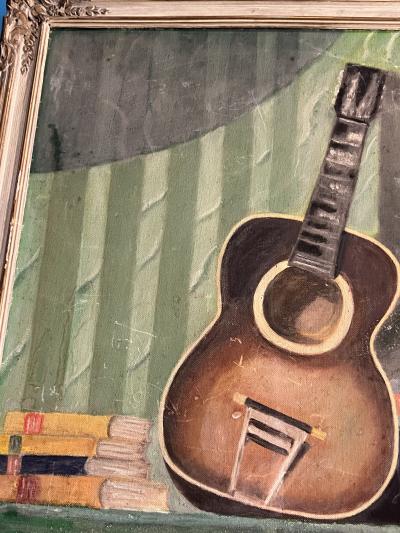MID CENTURY STILL LIFE WITH GUITAR PAINTING SIGNED E GERBERG