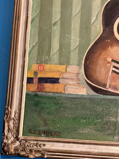 MID CENTURY STILL LIFE WITH GUITAR PAINTING SIGNED E GERBERG