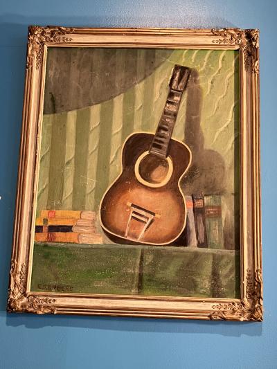 MID CENTURY STILL LIFE WITH GUITAR PAINTING SIGNED E GERBERG