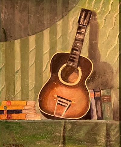 MID CENTURY STILL LIFE WITH GUITAR PAINTING SIGNED E GERBERG